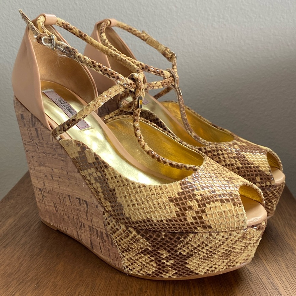 Ted Baker London Leuzea Snakeskin Open Toed Cork Platform Shoes, Women’s 8